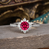 Round Cut Vintage Cluster Ruby Gemstone Ring Flower Engagement Ring